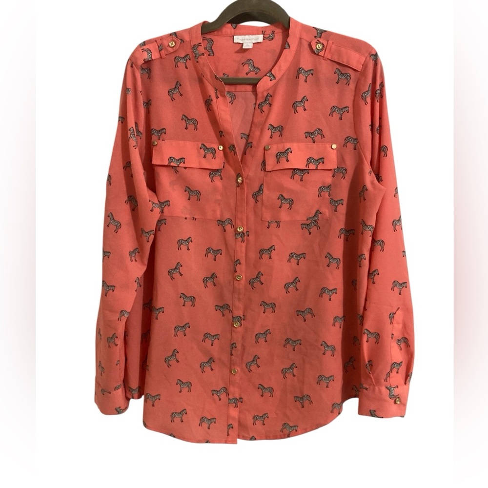 VTG Charter Club Pink Zebra Blouse-Large-Coral/Pink Color- So Wes Anderson